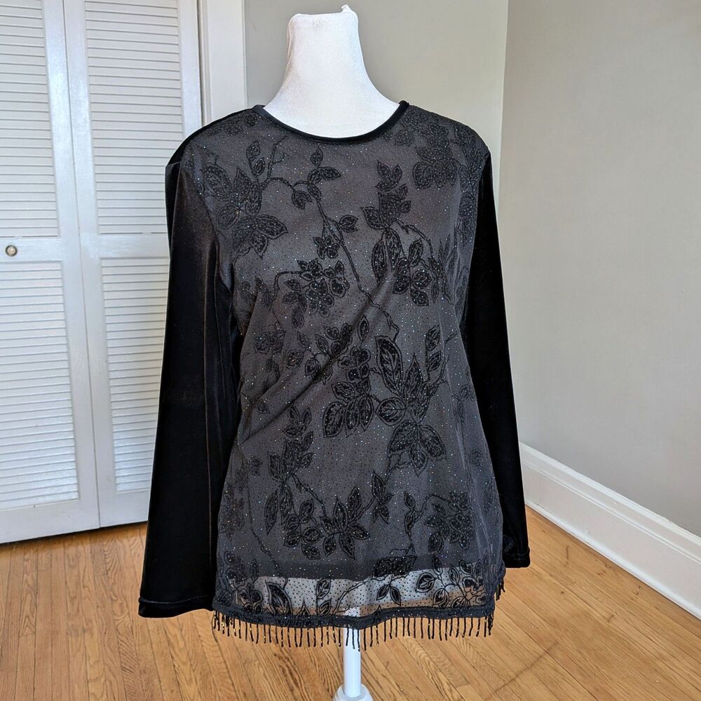 Vintage Y2K Notations Black Velvet Top Beaded Trim Burnout Glitter Whimsigoth